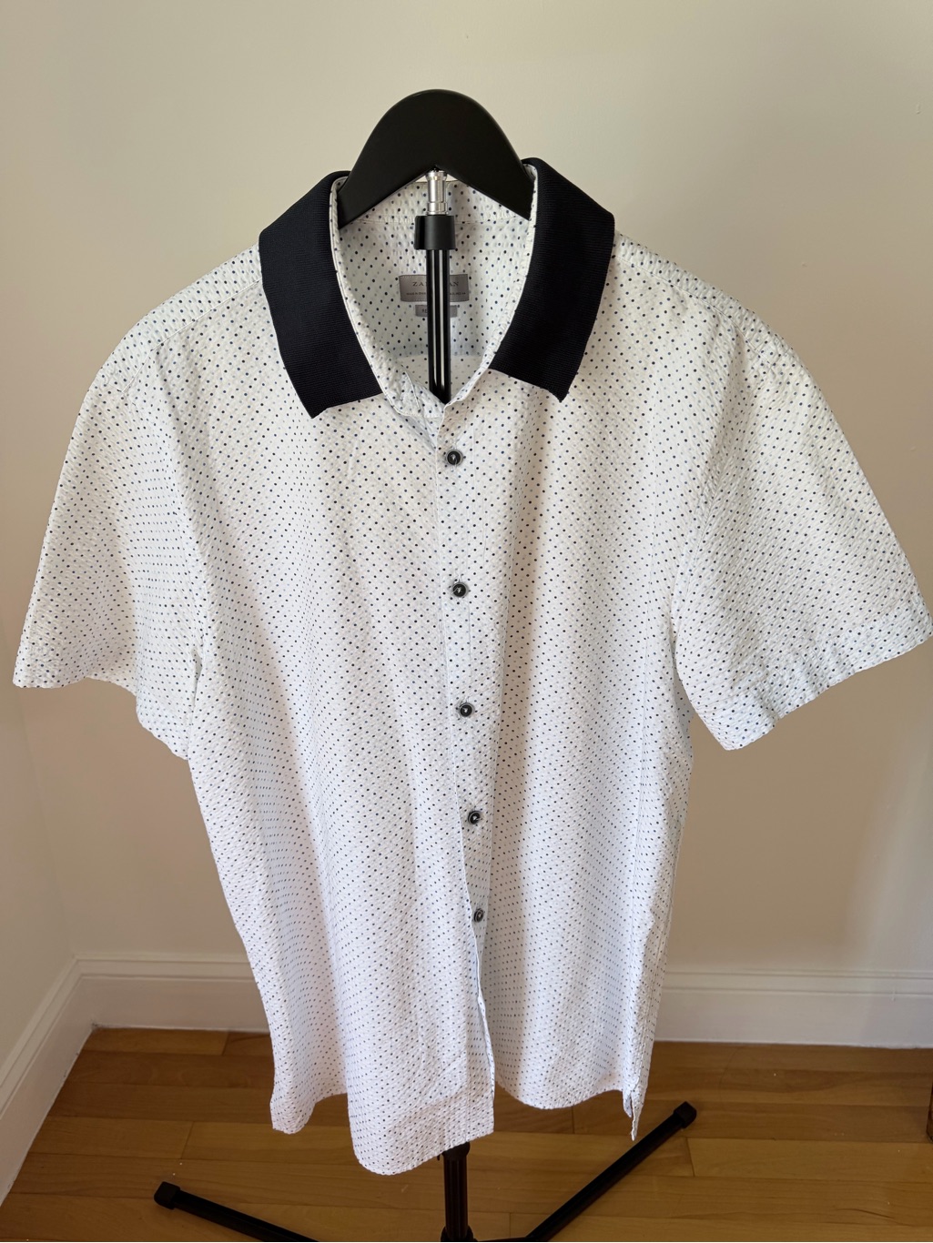 Zara Man Shirt Xl White Blue Micro Dot Short Sleeve Contrast Collar Like New